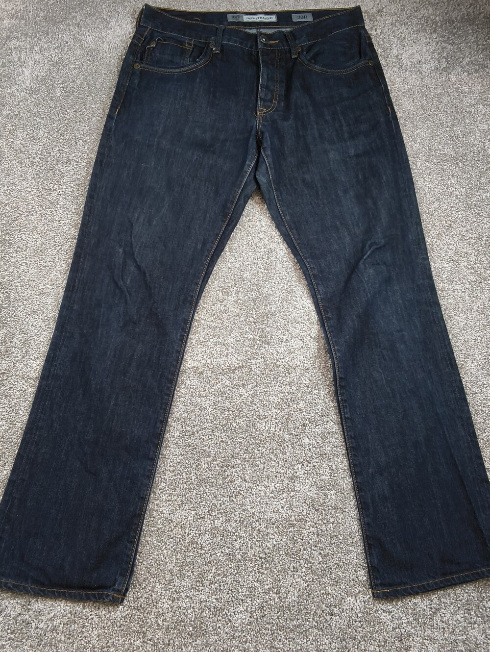 BKE Jake Straight Jeans Mens 33R Dark Blue Wash Denim Button Fly